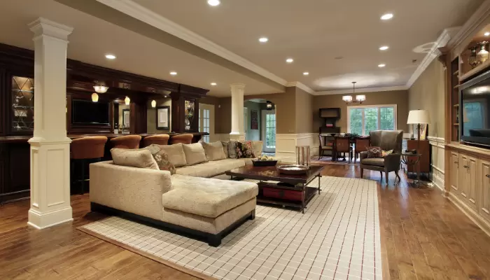 Basement in luxury home with recessed lighting
